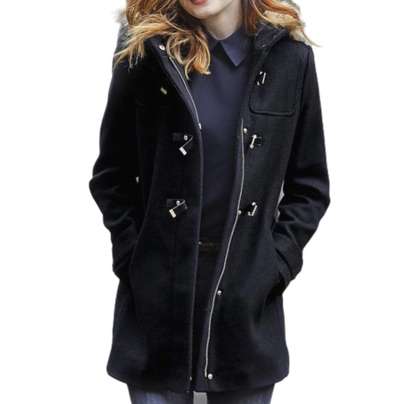 Cole Haan Black Buckle-Accent Wool-Blend Hooded Coat size 6 - Picture 1 of 7